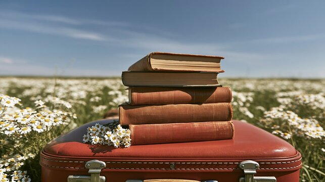 stack of vintage books on red suitcase in