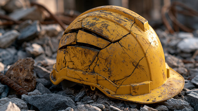 A damaged yellow hard hat rests on rubble, symbolizing construction failure and safety risks. This image represents work accidents and disaster.