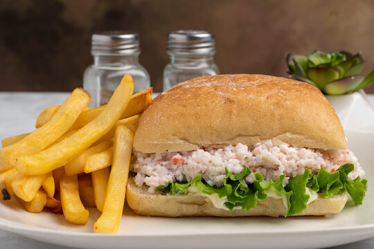 crab salad  sandwich seved with french fries