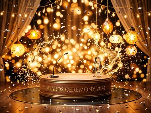 Golden glitter stage with Oscar trophy on award ceremony podium