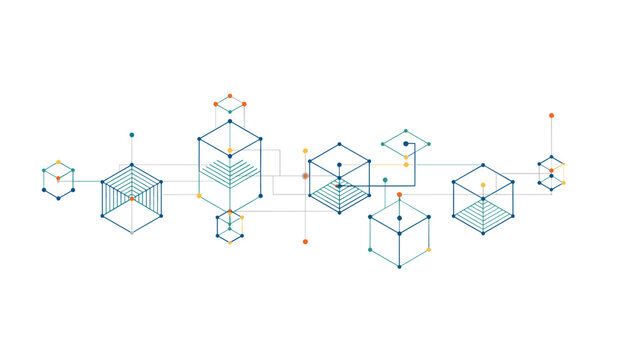 Abstract tech blueprint illustration featuring connected isometric wireframe cubes on a white background.