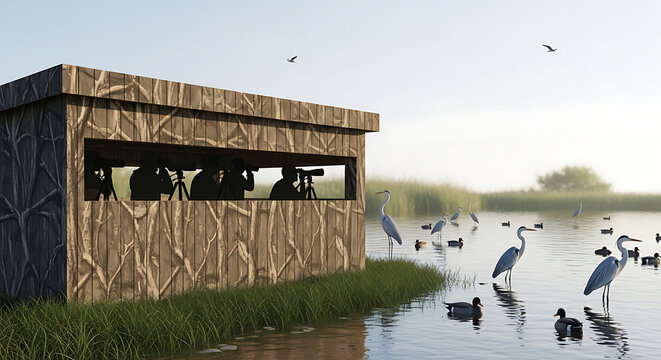 Birdwatching Hide in Wetland with Enthusiasts Using Spotting Scopes