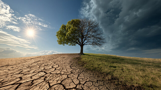 A single tree standing between cracked dry ground and lush green grass under contrasting skies. Perfect for climate change and environmental concept designs.