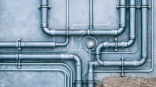 A complex network of metallic industrial pipes mounted on a concrete wall under bright daylight. Industrial plumbing concept for engineering and architecture design background.