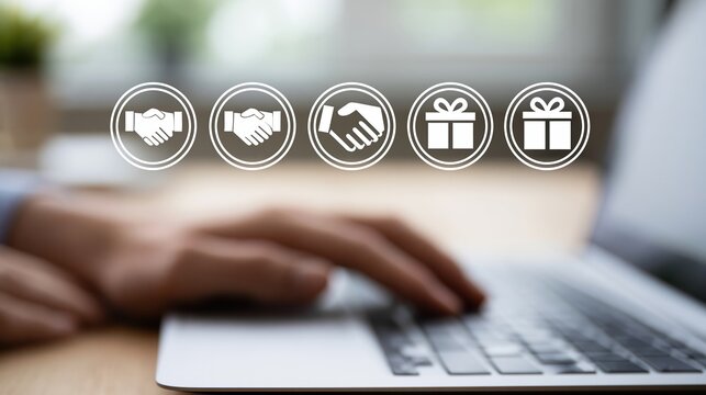 Business handshake icons over hands typing on laptop