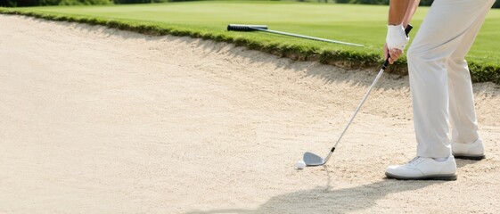 Golfer hitting ball from sandy bunker on golf course, sport concept © dvoevnore