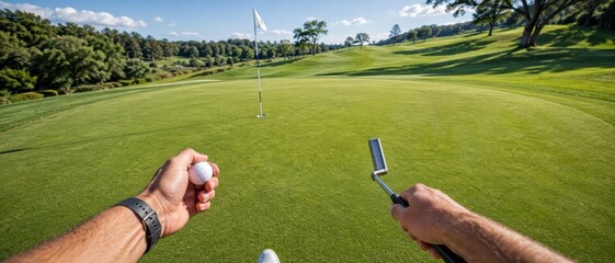 Golf course with player holding putter and ball, lush green landscape, background © dvoevnore