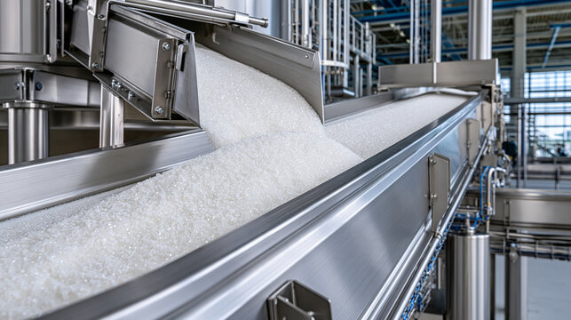 Granular material pouring onto a conveyor belt in a modern factory setting. Food production concept for industrial trade.