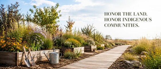 Indigenous Peoples Day landscape banner featuring wooden garden pathway, native plants, wildflowers, raised beds, tools, and English message honoring land and Indigenous communities, with generous sky © dvoevnore