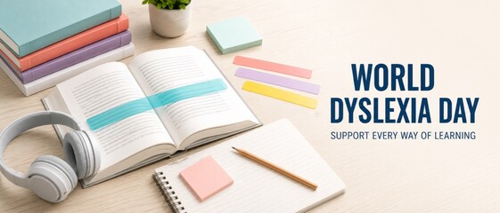 World Dyslexia Day educational still life with open book, colorful reading markers, headphones, notebooks and pencil beside supportive blue message, promoting inclusive learning and literacy awareness © dvoevnore