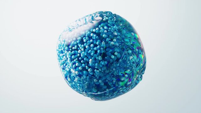 Blue particles in the inflatable soft balloon, 3d rendering.