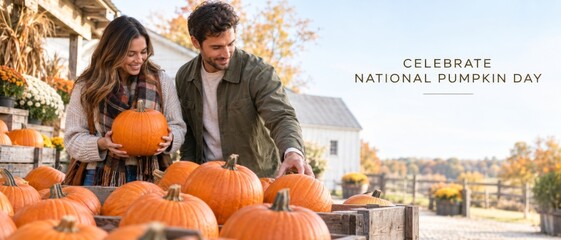 Young couple choosing pumpkins at outdoor farm market for National Pumpkin Day in October, with seasonal harvest display, rustic setting, warm autumn light, and spacious text area for celebration © dvoevnore