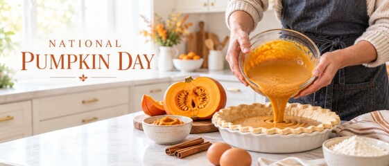 National Pumpkin Day October banner shows woman pouring pumpkin filling into pie crust in bright kitchen, with sliced squash, eggs, spices, and flour, offering seasonal cooking, baking, holiday, and h © dvoevnore