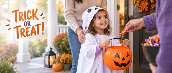 Young girl in ghost costume collects candy beside carved pumpkin during Halloween trick or treat celebration, with orange greeting lettering, family doorway scene, seasonal decorations, and copy space © dvoevnore