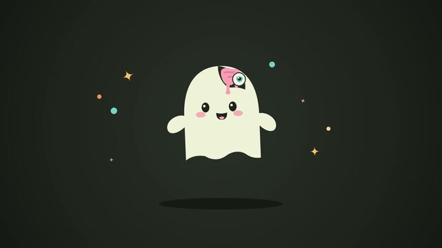 Seamless 60fps 6-second looping 2D motion graphic of an adorable floating zombie ghost with viscous dripping brain slime that stays attached to the brain well above the eye, realistic harmonic floatin