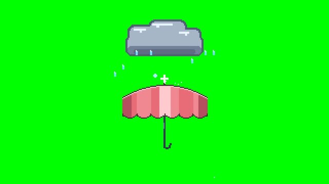 Cute premium pixel art animation of a dimensional rain cloud releasing water droplets onto a colorful umbrella, where each raindrop creates sparkling pixel effects. 
