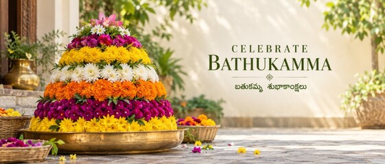 Bathukamma festival floral arrangement displayed outdoors, featuring colorful layered chrysanthemums, Telugu greeting text, warm sunlight, and spacious copy area for cultural celebration banners, ads, © dvoevnore