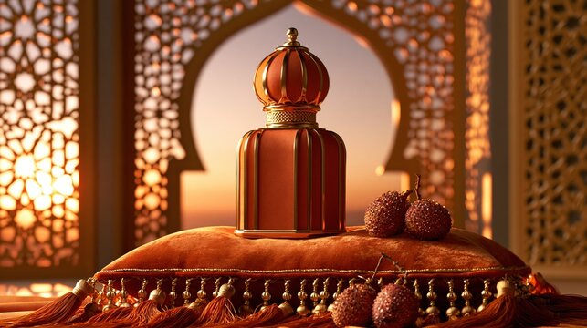 Ornate perfume bottle on velvet cushion with lychees