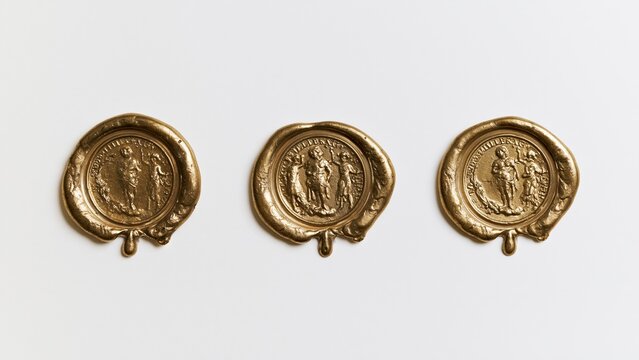 Three golden wax seals with classical figures on