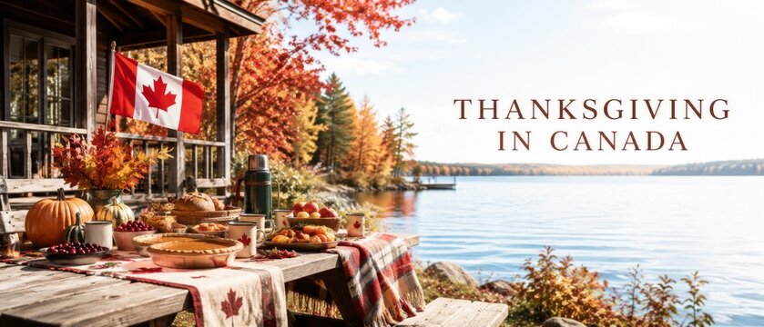Canadian Thanksgiving Day setting with maple leaf flag, autumn lakeside cabin, pumpkin and festive harvest table, warm seasonal colors, and spacious copy area for holiday greeting or advertising