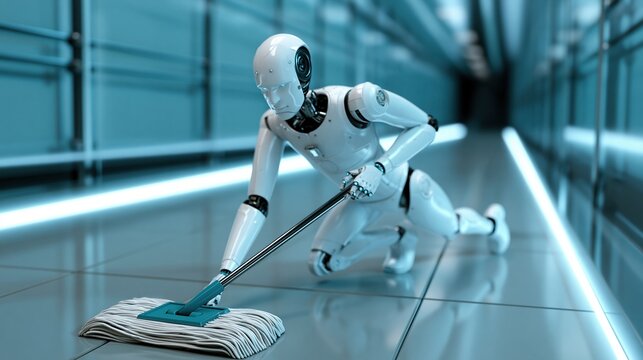 White robot mopping shiny futuristic corridor floor