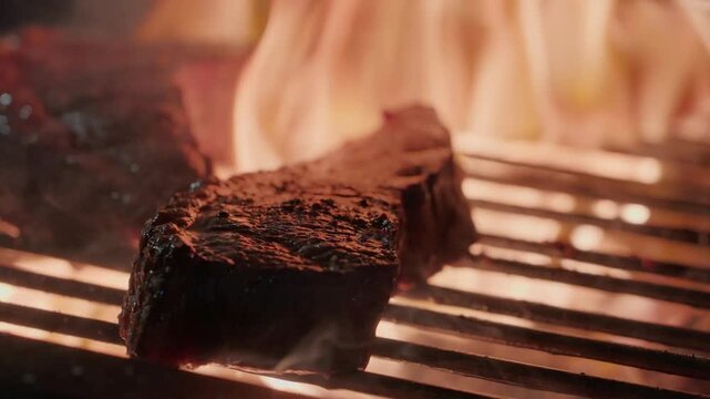 Close up of a thick beef steak searing on a barbecue grill over open charcoal flames at an outdoor catered event.