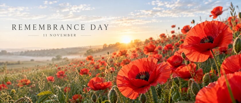 Remembrance Day poppy field at sunrise with English text reading Remembrance Day 11 November, honoring wartime memory through red flowers, warm light, and peaceful countryside banner landscape