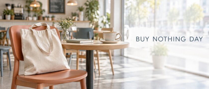 Buy Nothing Day message displayed beside reusable cotton tote in bright cafe interior, promoting mindful shopping, sustainability, minimalism, conscious consumption, and eco friendly lifestyle with