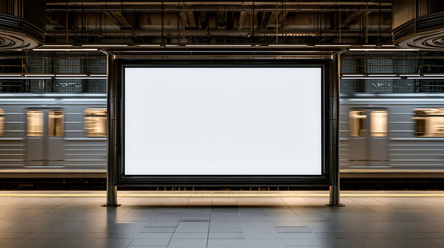 Blank billboard at a subway station with a blurred train passing by. Advertising mockup for commercial use.