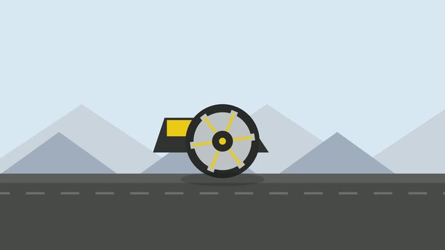 Animated cartoon road roller compacting asphalt on a scenic mountain landscape background