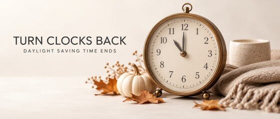 Daylight Saving Time Ends message beside vintage clock, pumpkins, autumn leaves, coffee cup, and cozy blanket on warm neutral surface, seasonal time change concept with generous copy space for banner © dvoevnore