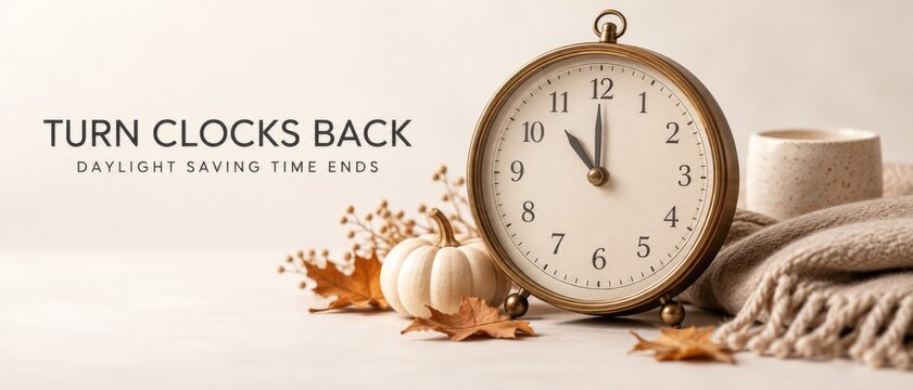 Daylight Saving Time Ends message beside vintage clock, pumpkins, autumn leaves, coffee cup, and cozy blanket on warm neutral surface, seasonal time change concept with generous copy space for banner