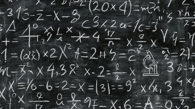 Chalkboard covered with complex math equations and microscope