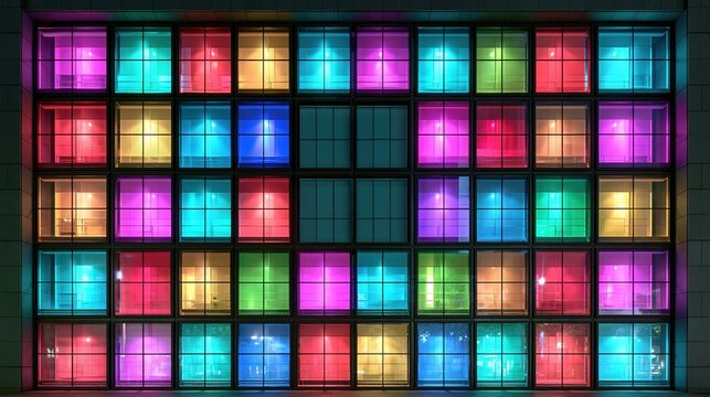 Colorful illuminated building windows at night