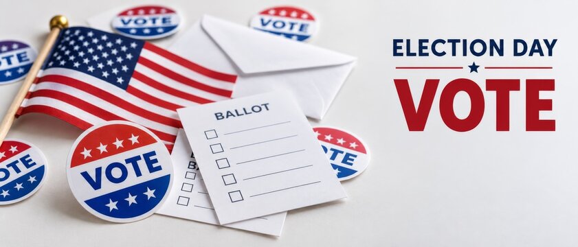 USA Election Day voting concept with American flag, ballot papers, pencil, patriotic vote buttons, and bold Election Day Vote lettering on white background with copy space for civic campaign designs