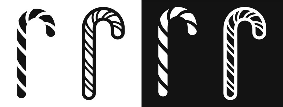 Candy cane icon set, black and white, striped, solid and outline