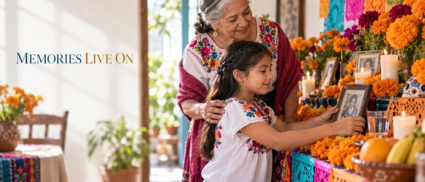 Day of Dead family altar featuring grandmother and granddaughter placing marigolds beside framed portraits, Spanish text Dia de los Muertos, colorful cultural remembrance scene with copy space