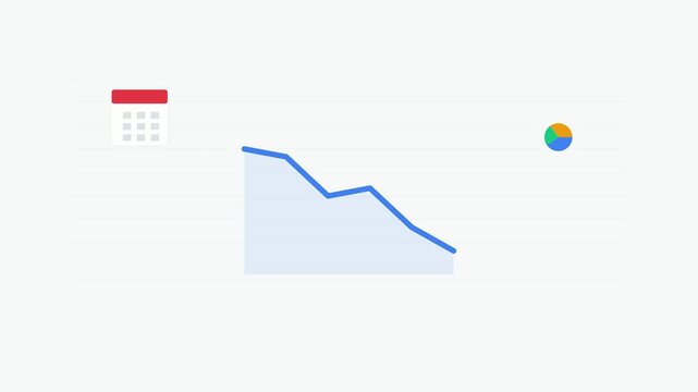 Animated Downward Trend Graph with Calendar and Pie Chart Icons Business Data Visualization