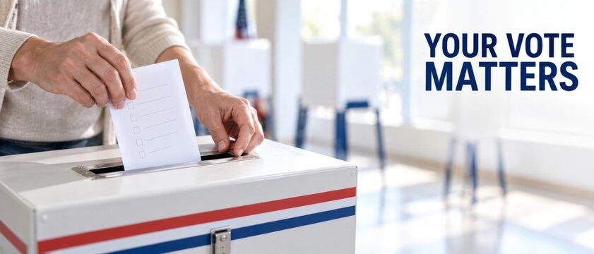 Election Day voting scene showing hands inserting ballot into striped ballot box, with Your Vote Matters message, civic participation concept, and bright copy space for campaign or editorial banner
