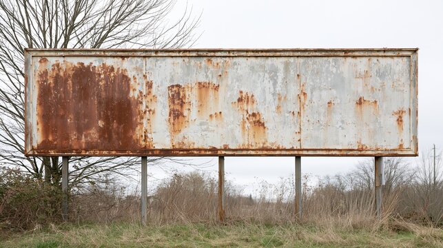Rusted blank billboard in overgrown field