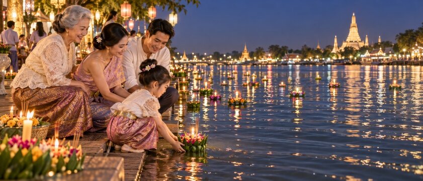 Loy Krathong festival scene shows Thai family releasing flower offerings on river at twilight, with glowing temple skyline and reflections, traditional culture, spiritual ritual, travel and holiday