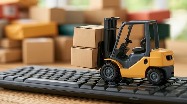 toy forklift carrying cardboard boxes on computer keyboard