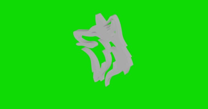 Animation of rotation of a white wolf head with shadow. Simple and complex rotation. Seamless looped 4k animation on green chroma key background