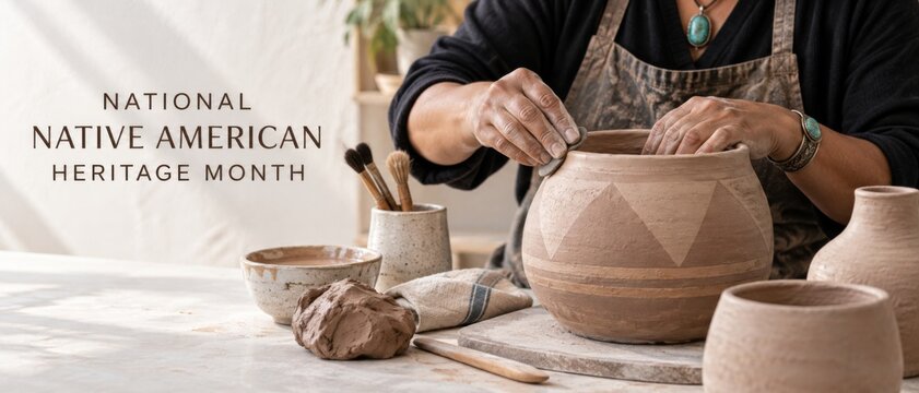 Native American Heritage Month pottery workshop with Indigenous artisan shaping clay vessel, handmade ceramics and cultural craftsmanship, November observance banner with copy space for marketing