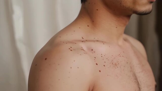 Close-up of Man's Chest and Neck with Small Dark Skin Spots