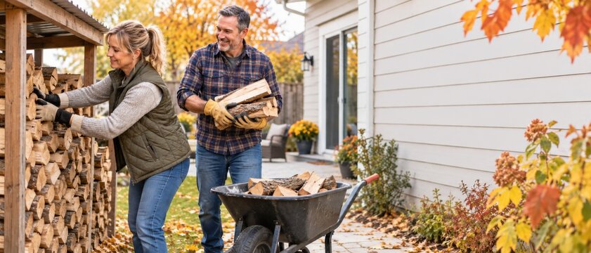 Autumn fall lifestyle shows mature woman and man stacking firewood beside home, with wheelbarrow and colorful foliage, portraying seasonal teamwork, outdoor chores, rural living, and cozy preparation