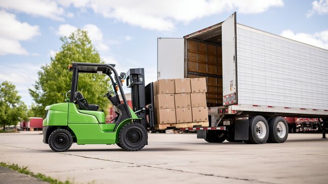 green forklift loading cardboard boxes into white truck