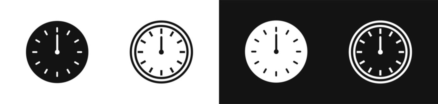Clock face icon set, time symbol in solid and outline styles, showing twelve o'clock