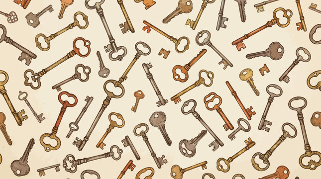 Vintage hand-drawn seamless pattern featuring various plain basic keys only. Detailed ink line art illustrations of skeleton keys, house keys, and simple antique metal keys scattered naturally. Comple