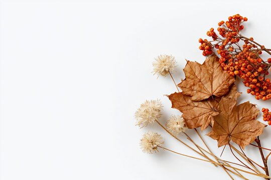 Dried autumn leaves and berries on white background
